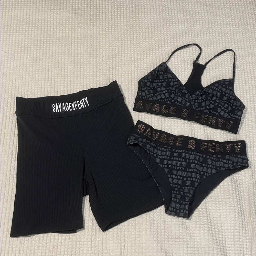 Savage X Fenty Black Sports Bra Cotton Set with Biker Shorts. Sz. M
